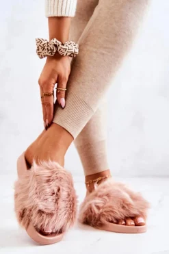 Boto Klapki Z Futerkiem|Klapki Damskie Klasyczne*Klapki Z Futerkiem Gumowe Brudny Róż Allyson