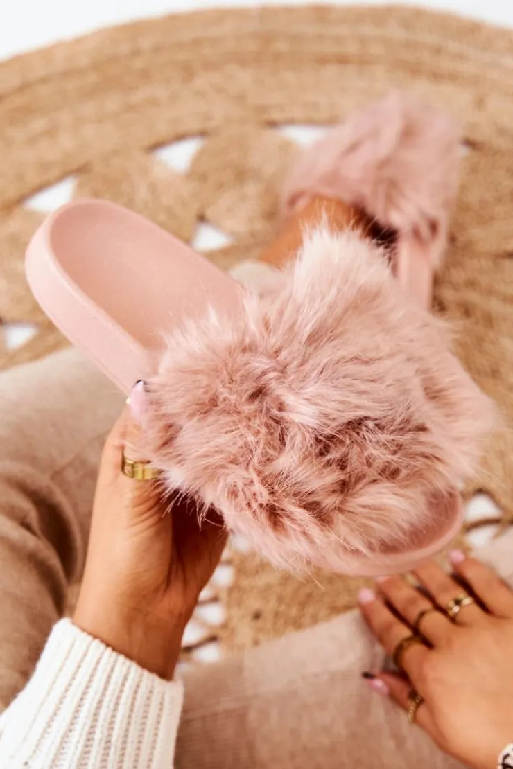 Boto Klapki Z Futerkiem|Klapki Damskie Klasyczne*Klapki Z Futerkiem Gumowe Brudny Róż Allyson