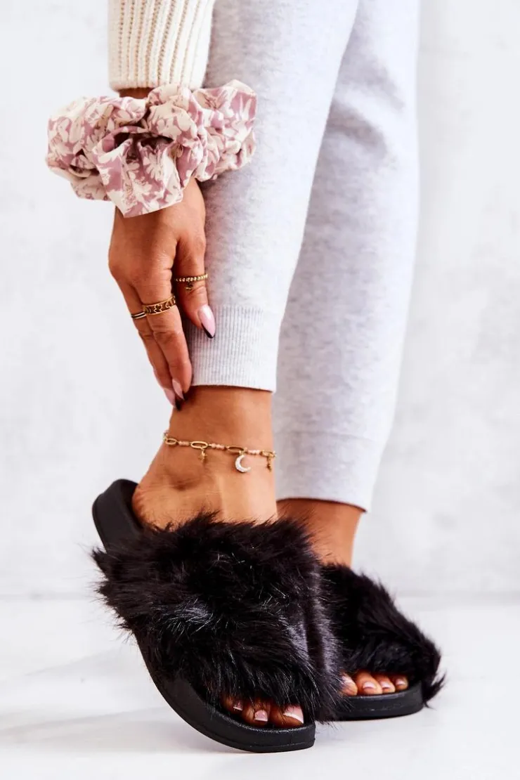 Damskie Boto Klapki Z Futerkiem Gumowe Czarne Pollie