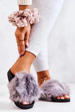 Damskie Boto Klapki Z Futerkiem Gumowe Szare Pollie