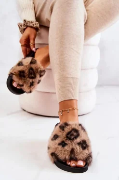 New Boto Klapki Z Futerkiem Gumowe Panterka Brązowe Noelle