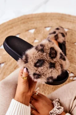 New Boto Klapki Z Futerkiem Gumowe Panterka Brązowe Noelle