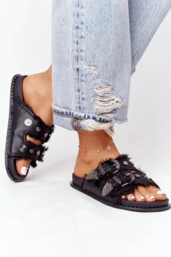 Hot Boto Klapki Z Klamrami I Futerkiem Czarne Lydi