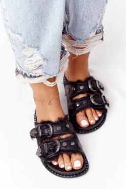 Hot Boto Klapki Z Klamrami I Futerkiem Czarne Lydi