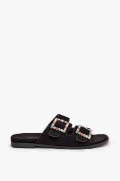 Damskie Boto Klapki Z Klamrami Na Płaskim Obcasie Czarne Tovira