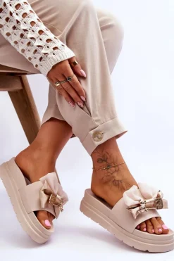 Damskie Boto Klapki Z Kokardą I Ozdobnym Misiem Beżowe Suzy