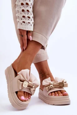 Damskie Boto Klapki Z Kokardą I Ozdobnym Misiem Beżowe Suzy