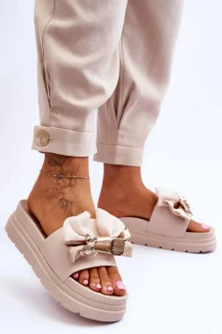 Damskie Boto Klapki Z Kokardą I Ozdobnym Misiem Beżowe Suzy