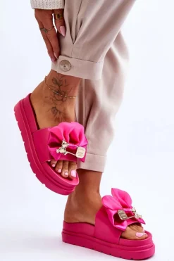 Damskie Boto Klapki Z Kokardą I Ozdobnym Misiem Fuksja Suzy