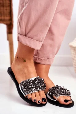 Boto Klapki Damskie Klasyczne*Klapki Z Metalowymi Ozdobami Lu Boo Srebrne