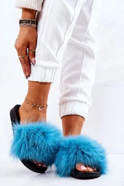 Sale Boto Klapki Z Naturalnym Futerkiem Niebieskie Naturis