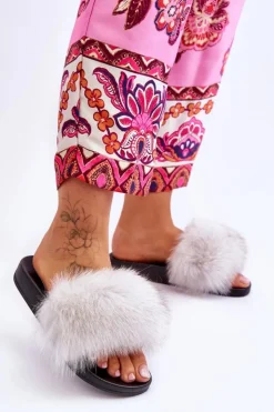 Damskie Boto Klapki Z Naturalnym Futerkiem Białe Naturis