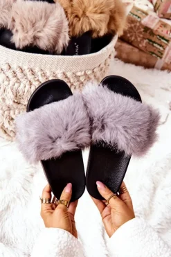 Damskie Boto Klapki Z Naturalnym Futerkiem Szare Naturimo