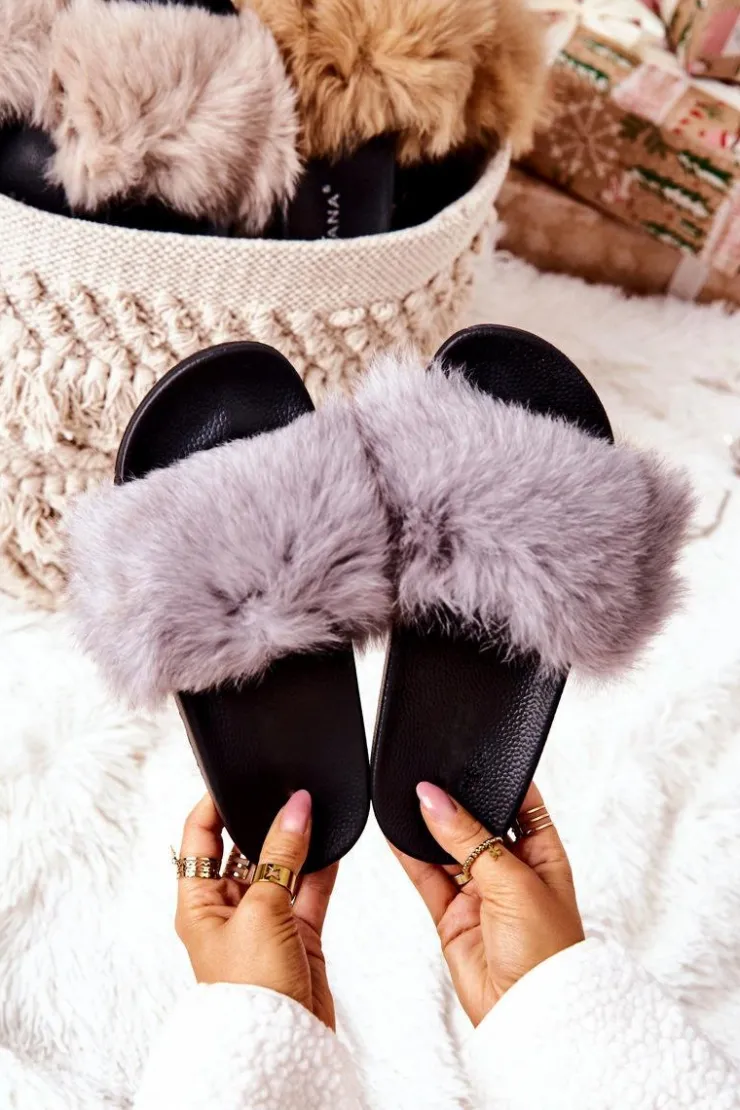 Damskie Boto Klapki Z Naturalnym Futerkiem Szare Naturimo