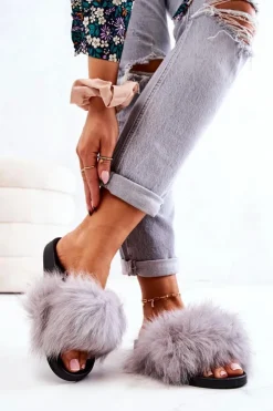 Damskie Boto Klapki Z Naturalnym Futerkiem Szare Naturimo