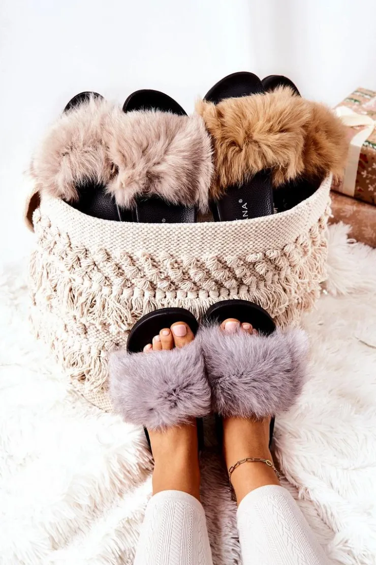 Damskie Boto Klapki Z Naturalnym Futerkiem Szare Naturimo