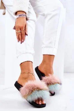 Boto Klapki Z Futerkiem|Klapki Damskie Klasyczne*Klapki Z Naturalnym Futerkiem Różowo-Zielone Naturis