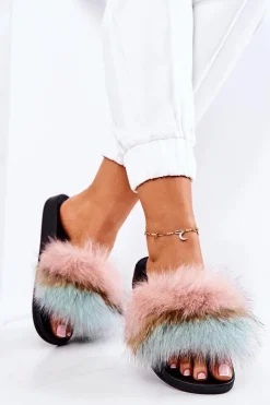 Boto Klapki Z Futerkiem|Klapki Damskie Klasyczne*Klapki Z Naturalnym Futerkiem Różowo-Zielone Naturis