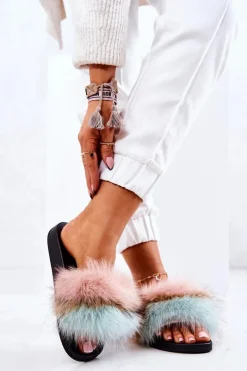 Boto Klapki Z Futerkiem|Klapki Damskie Klasyczne*Klapki Z Naturalnym Futerkiem Różowo-Zielone Naturis