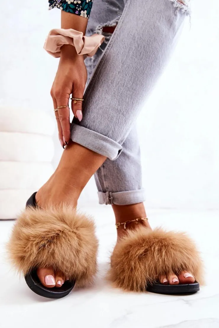 Boto Klapki Z Futerkiem|Klapki Damskie Klasyczne*Klapki Z Naturalnym Futerkiem Camel Naturimo