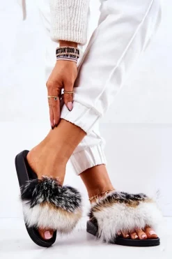 Damskie Boto Klapki Z Naturalnym Futerkiem Biało-Czarne Naturis