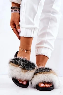 Damskie Boto Klapki Z Naturalnym Futerkiem Biało-Czarne Naturis