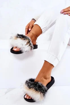 Damskie Boto Klapki Z Naturalnym Futerkiem Biało-Czarne Naturis