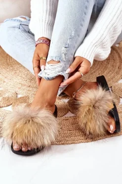 Boto Klapki Z Futerkiem|Klapki Damskie Klasyczne*Klapki z Naturalnym Futerkiem Beżowe Elsa