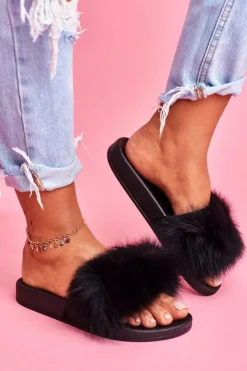 Best Boto Klapki z Naturalnym Futerkiem Czarne Naturis