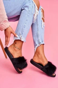 Best Boto Klapki z Naturalnym Futerkiem Czarne Naturis