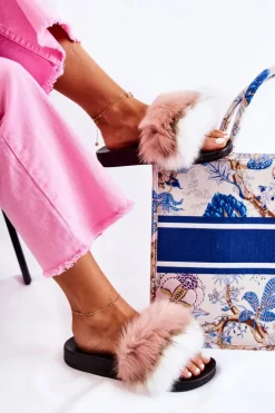 Boto Klapki Z Futerkiem|Klapki Damskie Klasyczne*Klapki Z Naturalnym Futerkiem Biało-Różowe Naturis