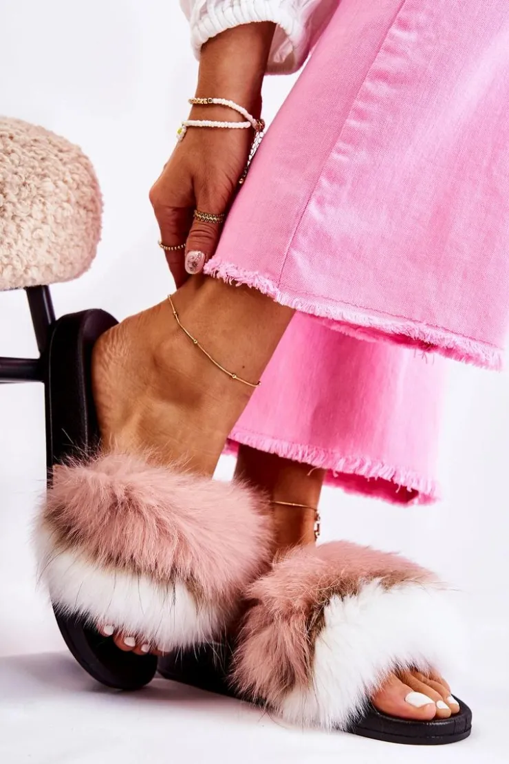 Boto Klapki Z Futerkiem|Klapki Damskie Klasyczne*Klapki Z Naturalnym Futerkiem Biało-Różowe Naturis