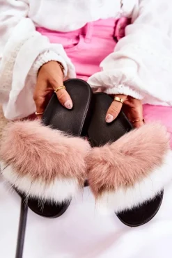 Boto Klapki Z Futerkiem|Klapki Damskie Klasyczne*Klapki Z Naturalnym Futerkiem Biało-Różowe Naturis