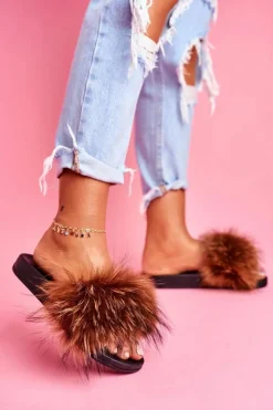 Boto Klapki Z Futerkiem|Klapki Damskie Klasyczne*Klapki Z Naturalnym Futerkiem Brązowe Elsa