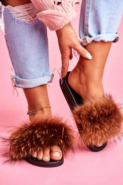 Boto Klapki Z Futerkiem|Klapki Damskie Klasyczne*Klapki Z Naturalnym Futerkiem Brązowe Elsa