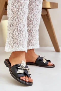 Hot Boto Klapki Z Ozdobą Skóra Naturalna Zazoo 3574/Z Czarne Czarny