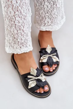 Hot Boto Klapki Z Ozdobą Skóra Naturalna Zazoo 3574/Z Czarne Czarny