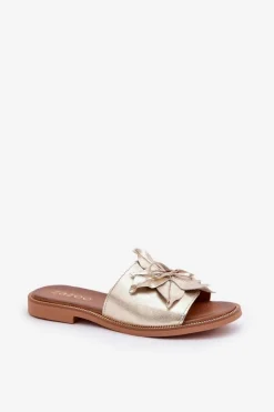 Hot Boto Klapki Z Ozdobą Skóra Naturalna Zazoo 3667 Złote Złoty