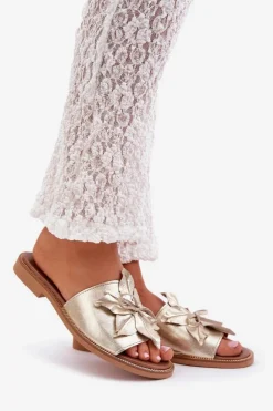 Hot Boto Klapki Z Ozdobą Skóra Naturalna Zazoo 3667 Złote Złoty