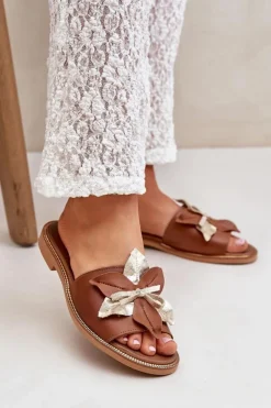 Damskie Boto Klapki Z Ozdobą Skóra Naturalna Zazoo 3574/Z Camel