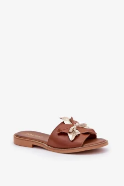 Damskie Boto Klapki Z Ozdobą Skóra Naturalna Zazoo 3574/Z Camel