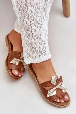 Damskie Boto Klapki Z Ozdobą Skóra Naturalna Zazoo 3574/Z Camel