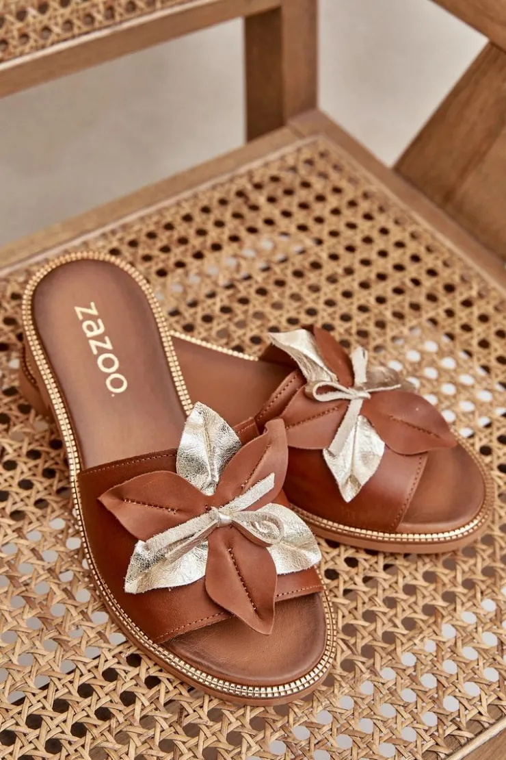 Damskie Boto Klapki Z Ozdobą Skóra Naturalna Zazoo 3574/Z Camel