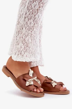 Damskie Boto Klapki Z Ozdobą Skóra Naturalna Zazoo 3574/Z Camel