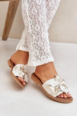 Boto Klapki Damskie Klasyczne*Klapki Z Ozdobą Skóra Naturalna Zazoo 3667 Przecierany Złoty