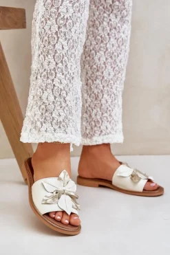 Damskie Boto Klapki Z Ozdobą Skóra Naturalna Zazoo 3667 Białe