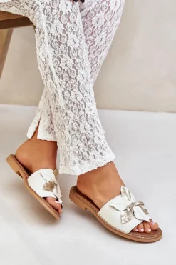 Damskie Boto Klapki Z Ozdobą Skóra Naturalna Zazoo 3667 Białe