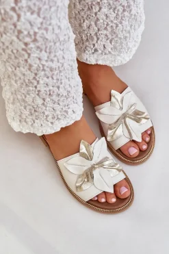 Damskie Boto Klapki Z Ozdobą Skóra Naturalna Zazoo 3667 Białe