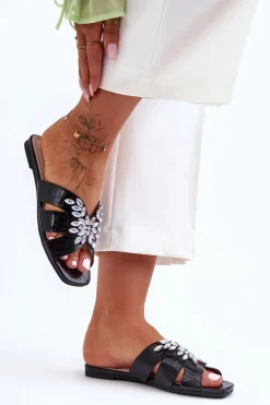 Damskie buty S.Barski Klapki Damskie Klasyczne*Klapki Z Ozdobnymi Kamieniami S.Barski 617-22 Czarne