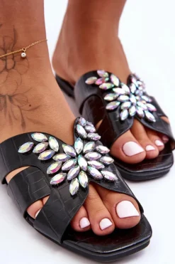 Damskie buty S.Barski Klapki Damskie Klasyczne*Klapki Z Ozdobnymi Kamieniami S.Barski 617-22 Czarne